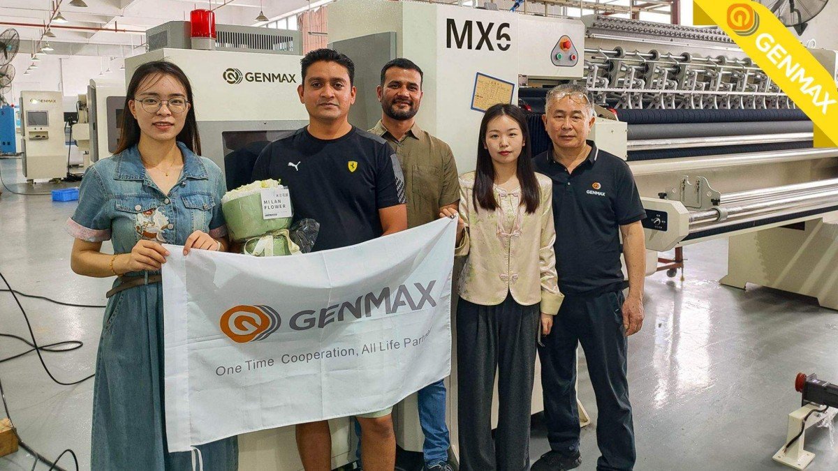 Australian clients and the GENMAX quilting machine team taking a group photo at the factory entrance after completing the comprehensive facility tour in China.